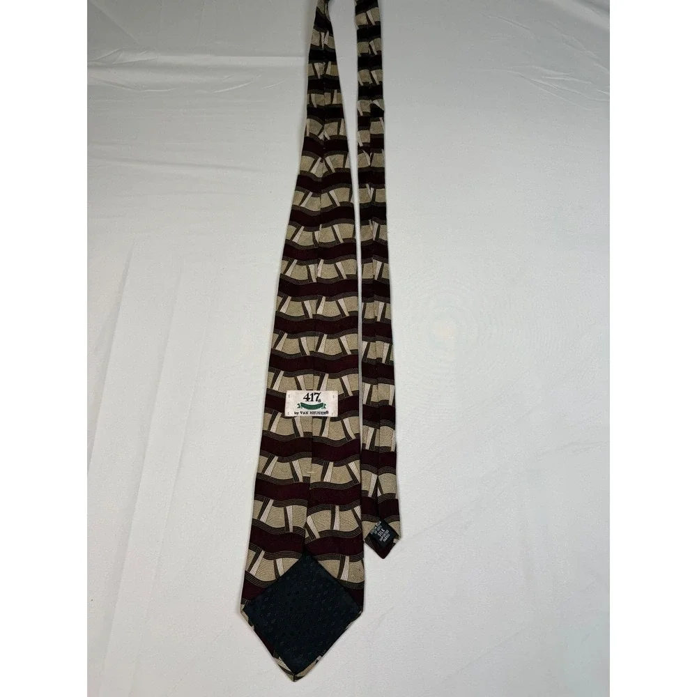 417 by Van Heusen Mens Silk Necktie Burgundy Tan Geometric Wave Pattern Tie